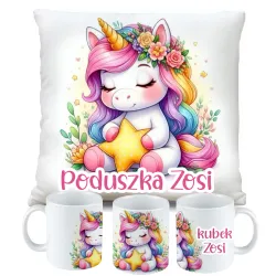 Zestaw Kubek Poduszka z Unicorn Jednorożec + IMIĘ Prezent na Urodziny