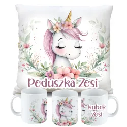 Zestaw Kubek Poduszka z Unicorn Jednorożec + IMIĘ Prezent na Urodziny