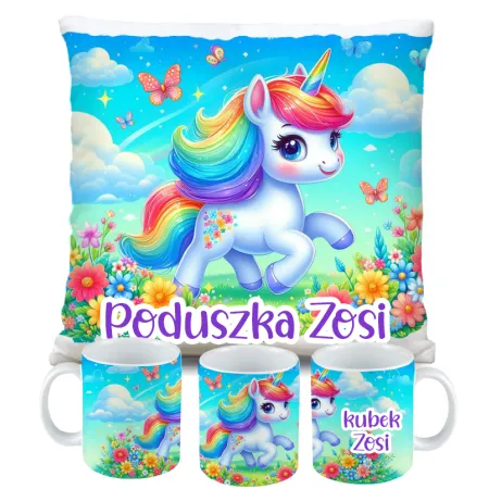 Zestaw Kubek Poduszka z Unicorn Jednorożec + IMIĘ Prezent na Urodziny