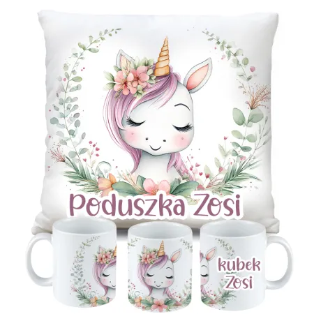 Zestaw Kubek Poduszka z Unicorn Jednorożec + IMIĘ Prezent na Urodziny