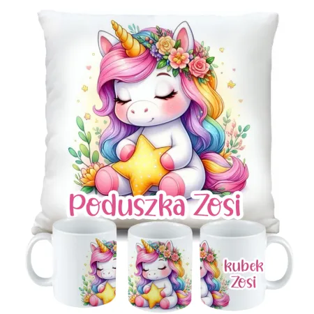 Zestaw Kubek Poduszka z Unicorn Jednorożec + IMIĘ Prezent na Urodziny