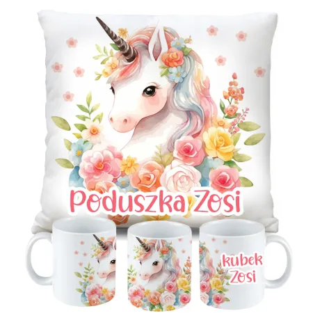 Zestaw Kubek Poduszka z Unicorn Jednorożec + IMIĘ Prezent na Urodziny