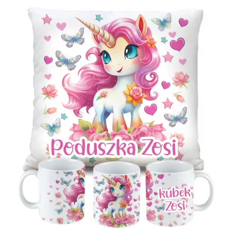 Zestaw Kubek Poduszka z Unicorn Jednorożec + IMIĘ Prezent na Urodziny
