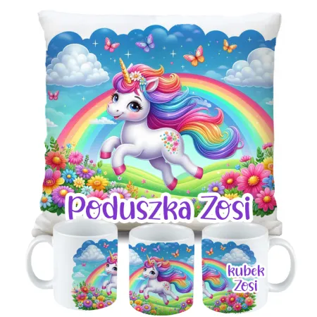 Zestaw Kubek Poduszka z Unicorn Jednorożec + IMIĘ Prezent na Urodziny