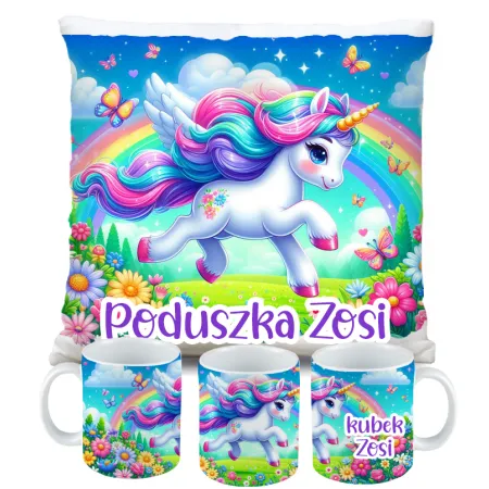 Zestaw Kubek Poduszka z Unicorn Jednorożec + IMIĘ Prezent na Urodziny