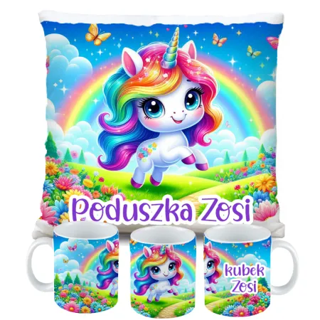 Zestaw Kubek Poduszka z Unicorn Jednorożec + IMIĘ Prezent na Urodziny