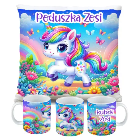 Zestaw Kubek Poduszka z Unicorn Jednorożec + IMIĘ Prezent na Urodziny
