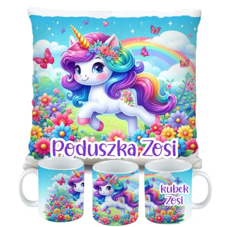 Zestaw Kubek Poduszka z Unicorn Jednorożec + IMIĘ Prezent na Urodziny