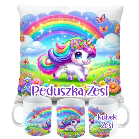 Zestaw Kubek Poduszka z Unicorn Jednorożec + IMIĘ Prezent na Urodziny