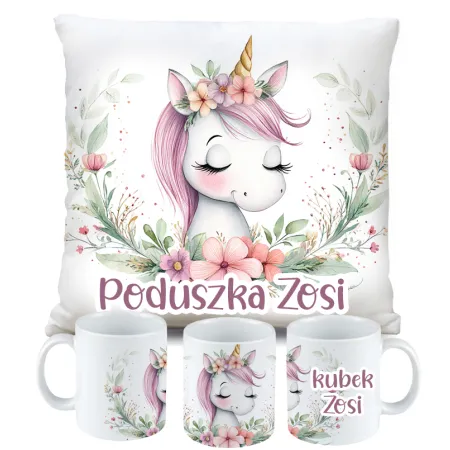 Zestaw Kubek Poduszka z Unicorn Jednorożec + IMIĘ Prezent na Urodziny