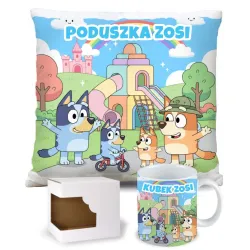 KUBEK + PODUSZKA zestaw z Bluvi i Rodzinką – Personalizowany Prezent Dla Dziecka