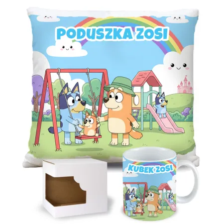 KUBEK + PODUSZKA zestaw z Bluvi i Rodzinką – Personalizowany Prezent Dla Dziecka