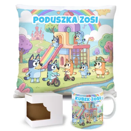KUBEK + PODUSZKA zestaw z Bluvi i Rodzinką – Personalizowany Prezent Dla Dziecka