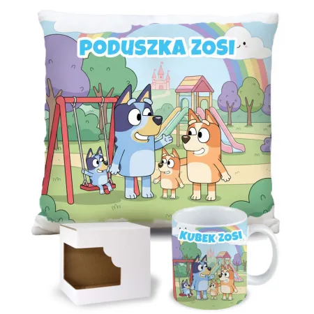 KUBEK + PODUSZKA zestaw z Bluvi i Rodzinką – Personalizowany Prezent Dla Dziecka