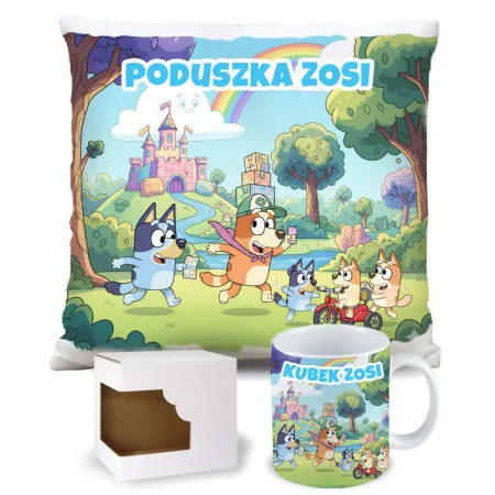 KUBEK + PODUSZKA zestaw z Bluvi i Rodzinką – Personalizowany Prezent Dla Dziecka