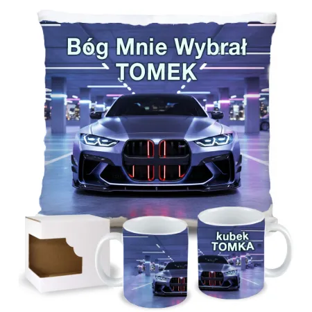 Zestaw Kubek Poduszka Prezent dla Fana Motoryzacji Bóg Mnie Wybrał BMW imię