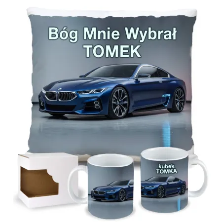 Zestaw Kubek Poduszka Prezent dla Fana Motoryzacji Bóg Mnie Wybrał BMW imię