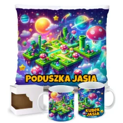 Zestaw Kubek i poduszka – przygoda w świecie rur i grzybków, idealny prezent dla gracza | CraftInk