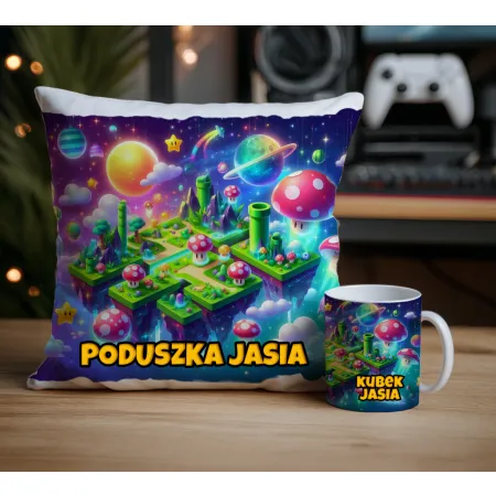 Zestaw Kubek i poduszka – przygoda w świecie rur i grzybków, idealny prezent dla gracza | CraftInk