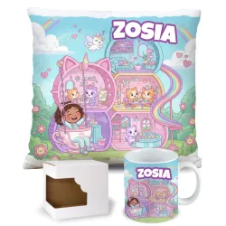 Zestaw Prezentowy Kubek Poduszka Bajkowy Koci Domek z personalizacją