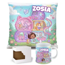 Zestaw Prezentowy Kubek Poduszka Bajkowy Koci Domek z personalizacją