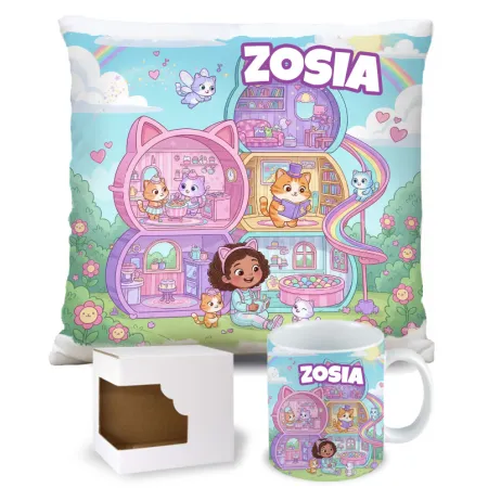 Zestaw Prezentowy Kubek Poduszka Bajkowy Koci Domek z personalizacją