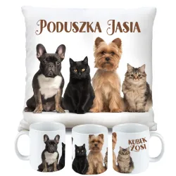 ZESTAW PODUSZKA KUBEK KOTEK Z PIESKIEM KOT PIES prezent na URODZINY + IMIĘ