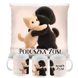 ZESTAW PODUSZKA KUBEK KOTEK Z PIESKIEM KOT PIES prezent na URODZINY + IMIĘ