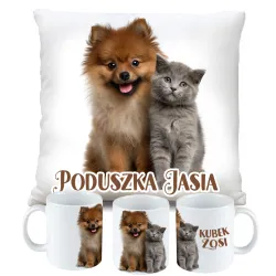 ZESTAW PODUSZKA KUBEK KOTEK Z PIESKIEM KOT PIES prezent na URODZINY + IMIĘ