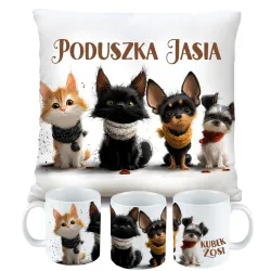 ZESTAW PODUSZKA KUBEK KOTEK Z PIESKIEM KOT PIES prezent na URODZINY + IMIĘ