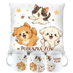 ZESTAW PODUSZKA KUBEK KOTEK Z PIESKIEM KOT PIES prezent na URODZINY + IMIĘ