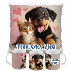 ZESTAW PODUSZKA KUBEK KOTEK Z PIESKIEM KOT PIES prezent na URODZINY + IMIĘ