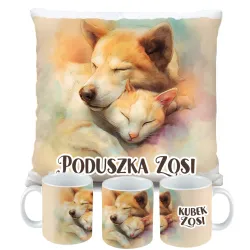 ZESTAW PODUSZKA KUBEK KOTEK Z PIESKIEM KOT PIES prezent na URODZINY + IMIĘ