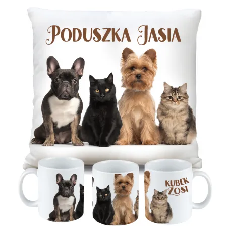 ZESTAW PODUSZKA KUBEK KOTEK Z PIESKIEM KOT PIES prezent na URODZINY + IMIĘ