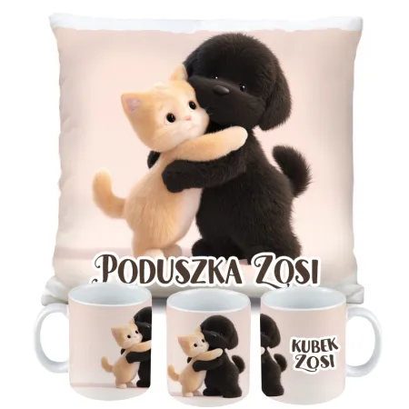 ZESTAW PODUSZKA KUBEK KOTEK Z PIESKIEM KOT PIES prezent na URODZINY + IMIĘ