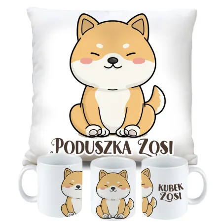 ZESTAW PODUSZKA KUBEK KOTEK Z PIESKIEM KOT PIES prezent na URODZINY + IMIĘ