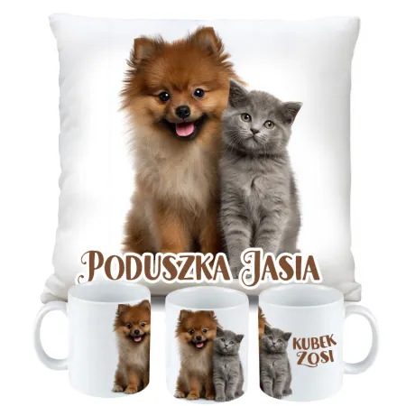 ZESTAW PODUSZKA KUBEK KOTEK Z PIESKIEM KOT PIES prezent na URODZINY + IMIĘ