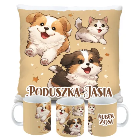 ZESTAW PODUSZKA KUBEK KOTEK Z PIESKIEM KOT PIES prezent na URODZINY + IMIĘ