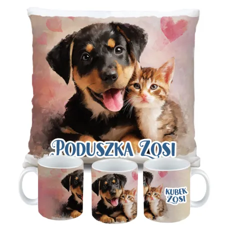 ZESTAW PODUSZKA KUBEK KOTEK Z PIESKIEM KOT PIES prezent na URODZINY + IMIĘ