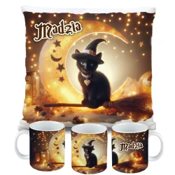 Zestaw Halloween MAGICZNY czarny KOT Kubek + Poduszka Prezent Upominek