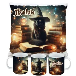 Zestaw Halloween MAGICZNY czarny KOT Kubek + Poduszka Prezent Upominek