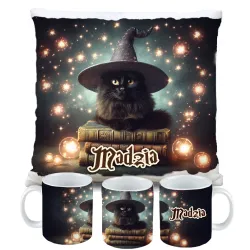 Zestaw Halloween MAGICZNY czarny KOT Kubek + Poduszka Prezent Upominek
