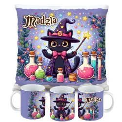 Zestaw Halloween MAGICZNY czarny KOT Kubek + Poduszka Prezent Upominek