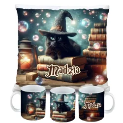 Zestaw Halloween MAGICZNY czarny KOT Kubek + Poduszka Prezent Upominek