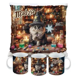 Zestaw Halloween MAGICZNY czarny KOT Kubek + Poduszka Prezent Upominek
