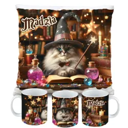 Zestaw Halloween MAGICZNY czarny KOT Kubek + Poduszka Prezent Upominek