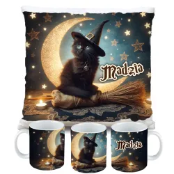 Zestaw Halloween MAGICZNY czarny KOT Kubek + Poduszka Prezent Upominek