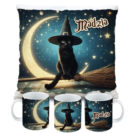 Zestaw Halloween MAGICZNY czarny KOT Kubek + Poduszka Prezent Upominek