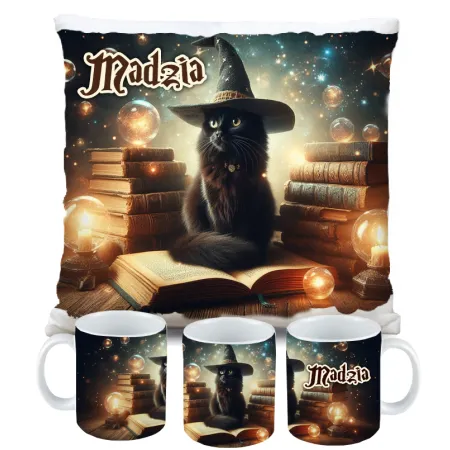 Zestaw Halloween MAGICZNY czarny KOT Kubek + Poduszka Prezent Upominek