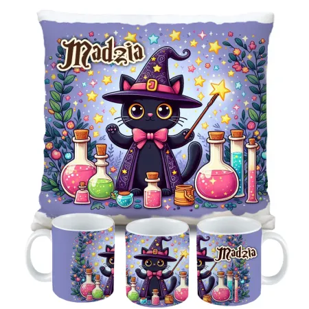 Zestaw Halloween MAGICZNY czarny KOT Kubek + Poduszka Prezent Upominek